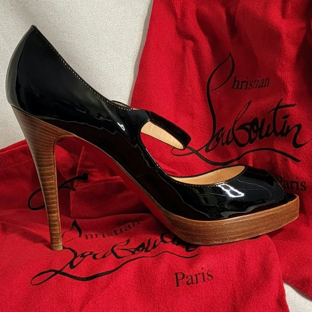 CHRISTIAN LOUBOUTIN Black Patent Leather Zeppa Mary Jane Peep Toe Pumps 39 - Picture 6 of 13